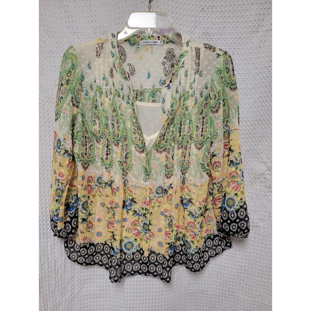 FIGUEROA & FLOWER Size PL Women's Top Boho Long Sleeve Button Blouse w/Cami